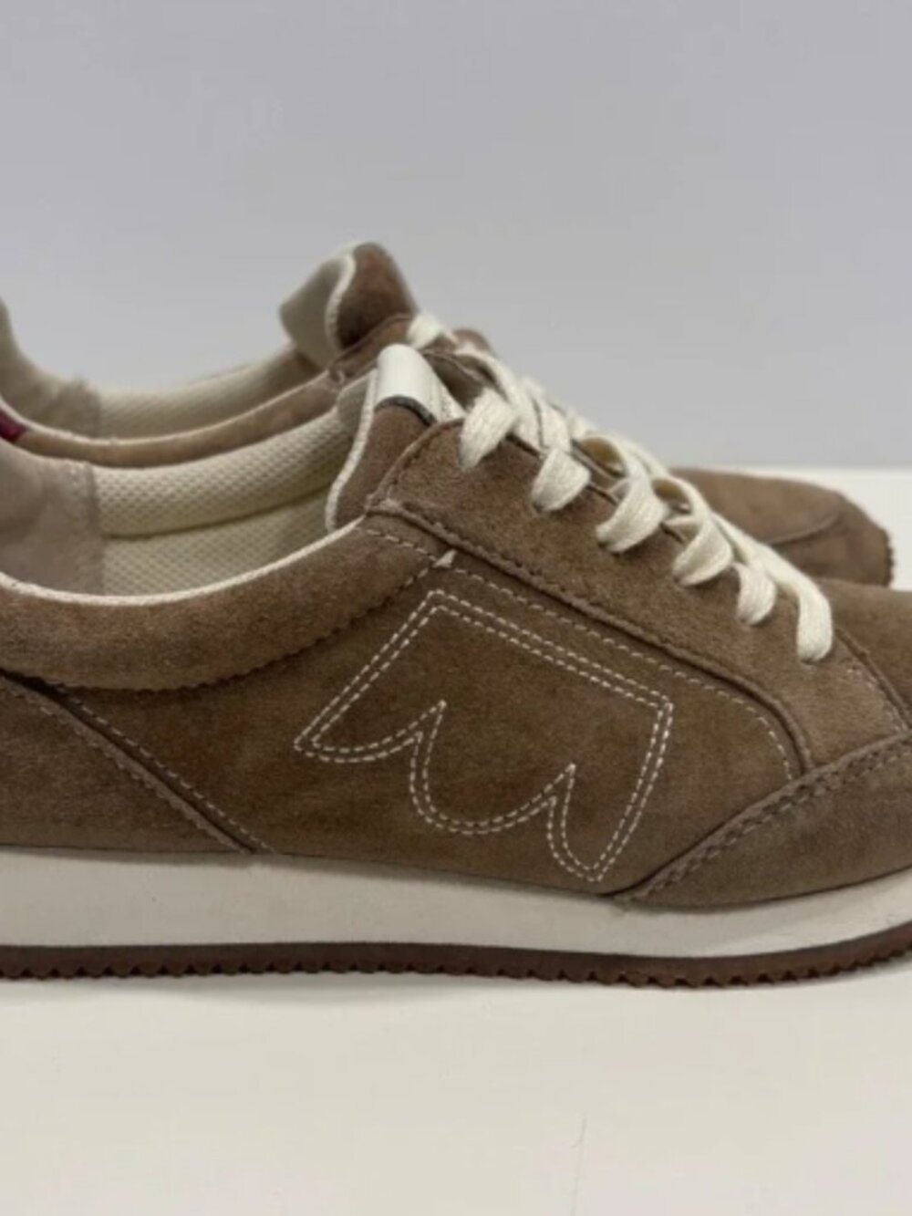 Birdies Beige Suede Sneakers with Maroon Heel Accent